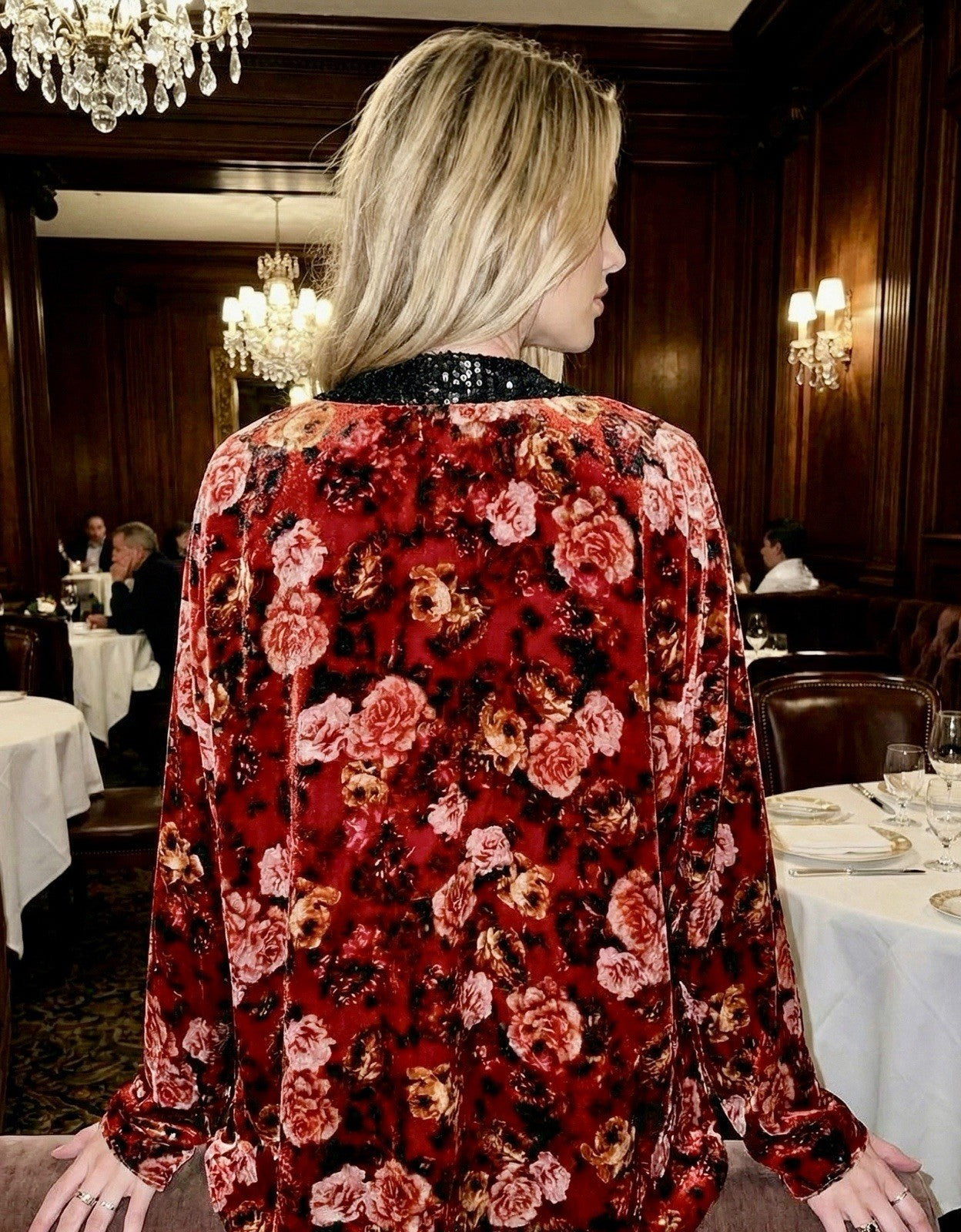 Johnny Was XL Red & Black Velvet Kimono Silk Lining Sequins Coat Jacket Johnny Was