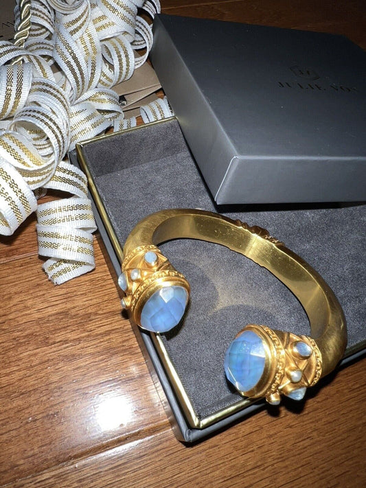 NEW Julie Vos Hinged Bangle Cuff Bracelet 24k Plate With Iridescent Blue/Pearl