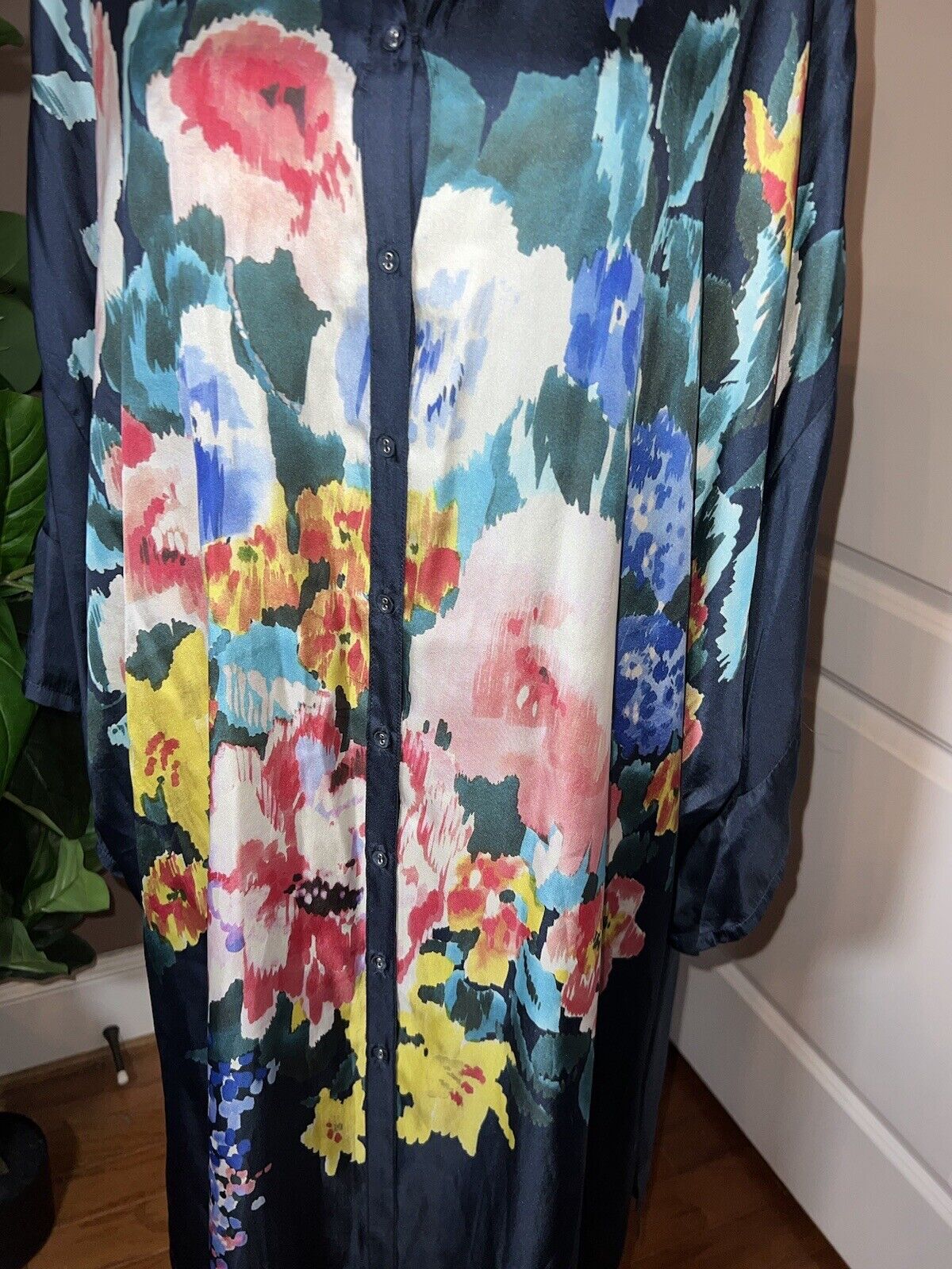 Johnny Was 100% Silk Navy  Floral Tunic Top Kimono 2X 2XL XXL  Watercolor