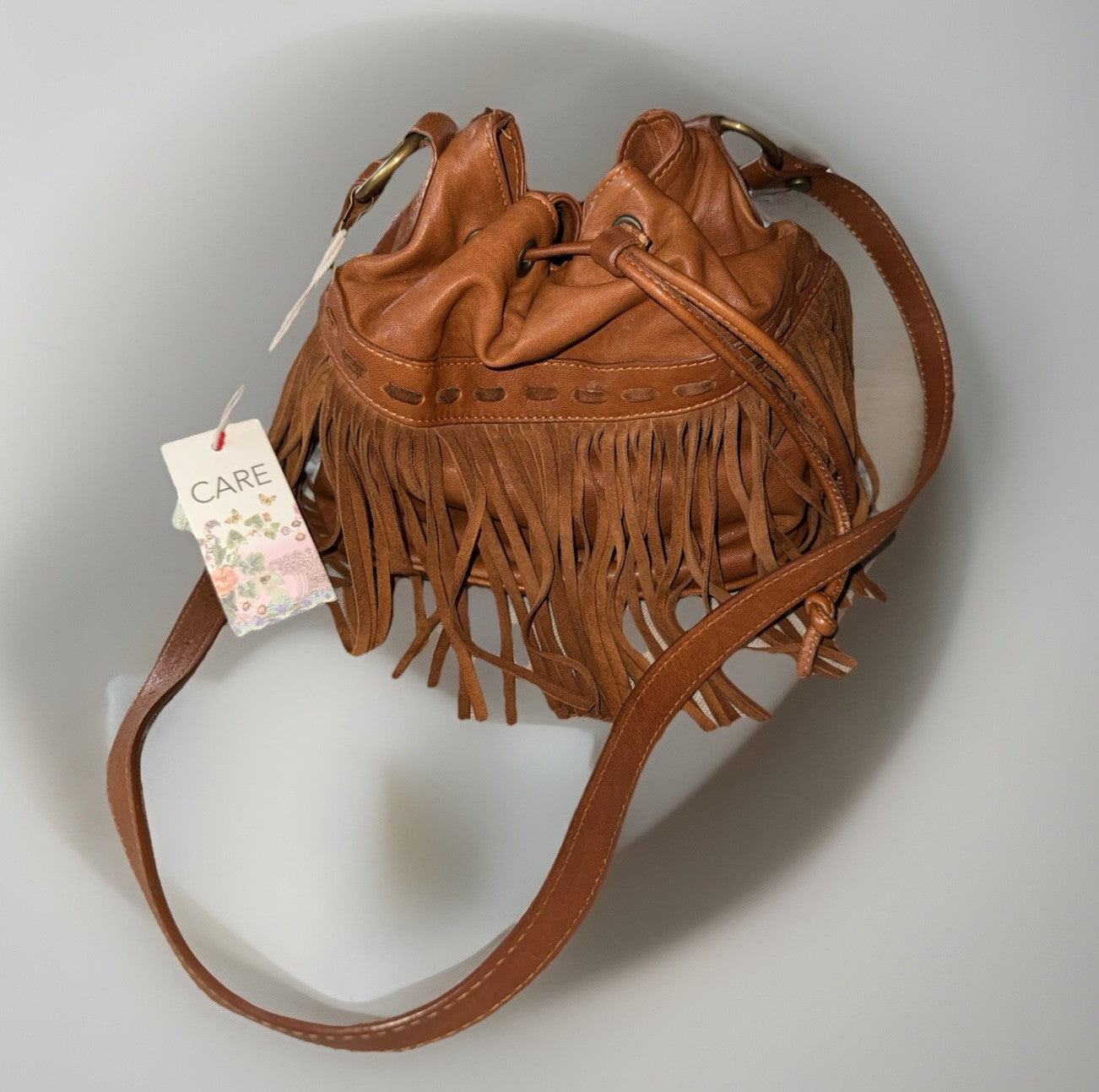 Johnny Was Brown Leather & Fringe Bucket Bag Purse Hobo Shoulder Tote Johnny Was