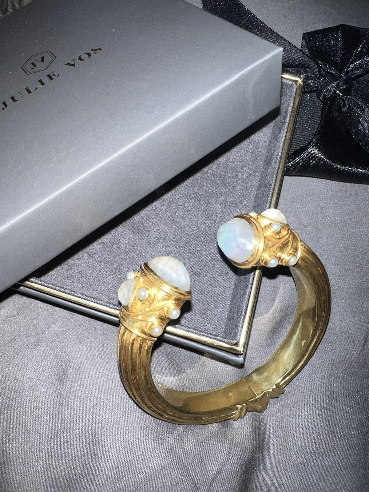 Julie Vos Large Bangle Bracelet Cuff Hinged Iridescent Clear Stones & Pearls Julie Vos