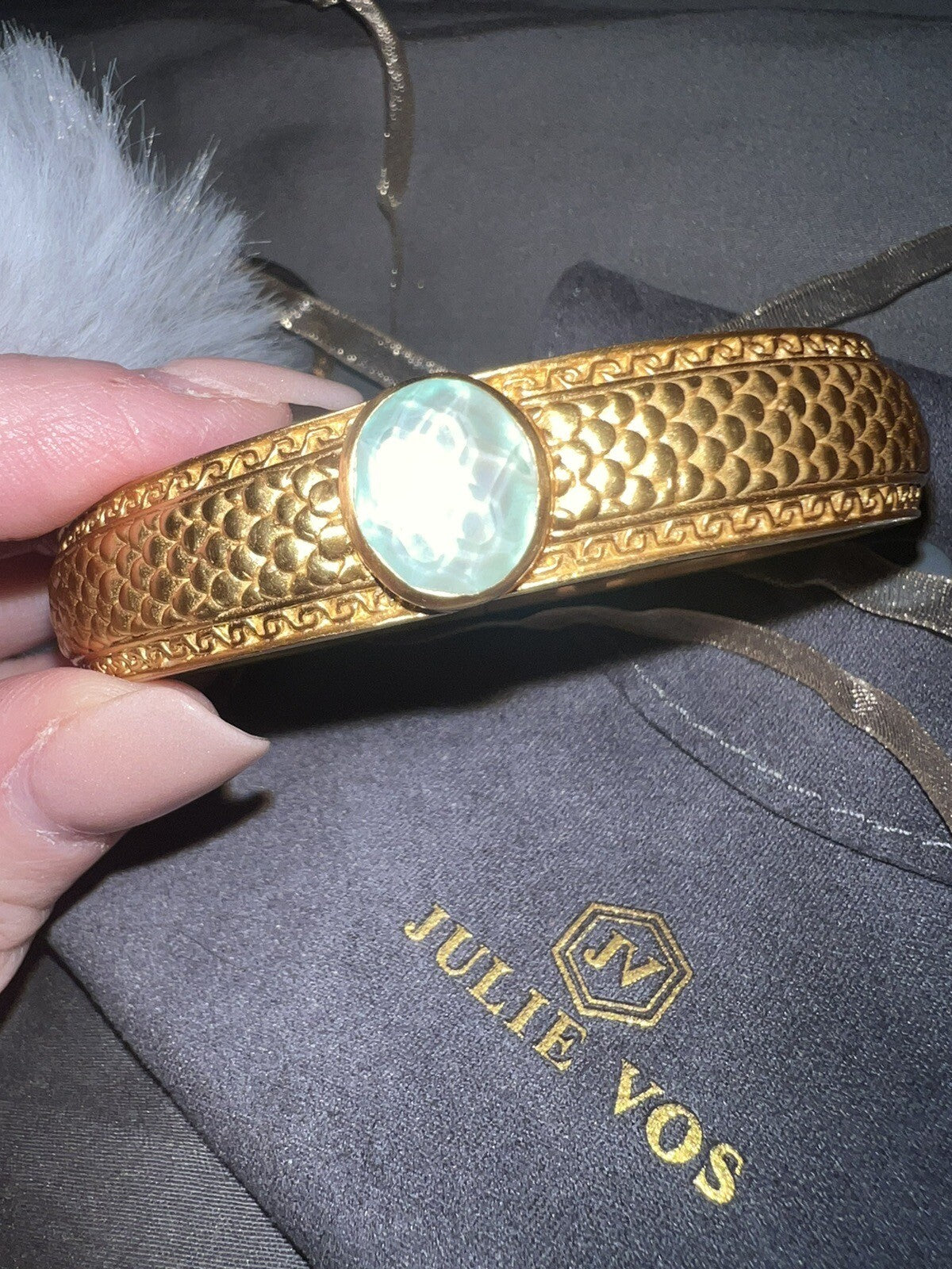 Julie Vos Hinged Bangle with Bahamian Blue Stone & 24k Plated  RETIRED Julie Vos