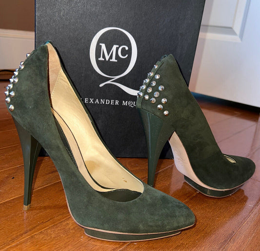 Alexander McQueen Suede Studded Heels In Military Green Sz 38 US 8 AUTHENTIC