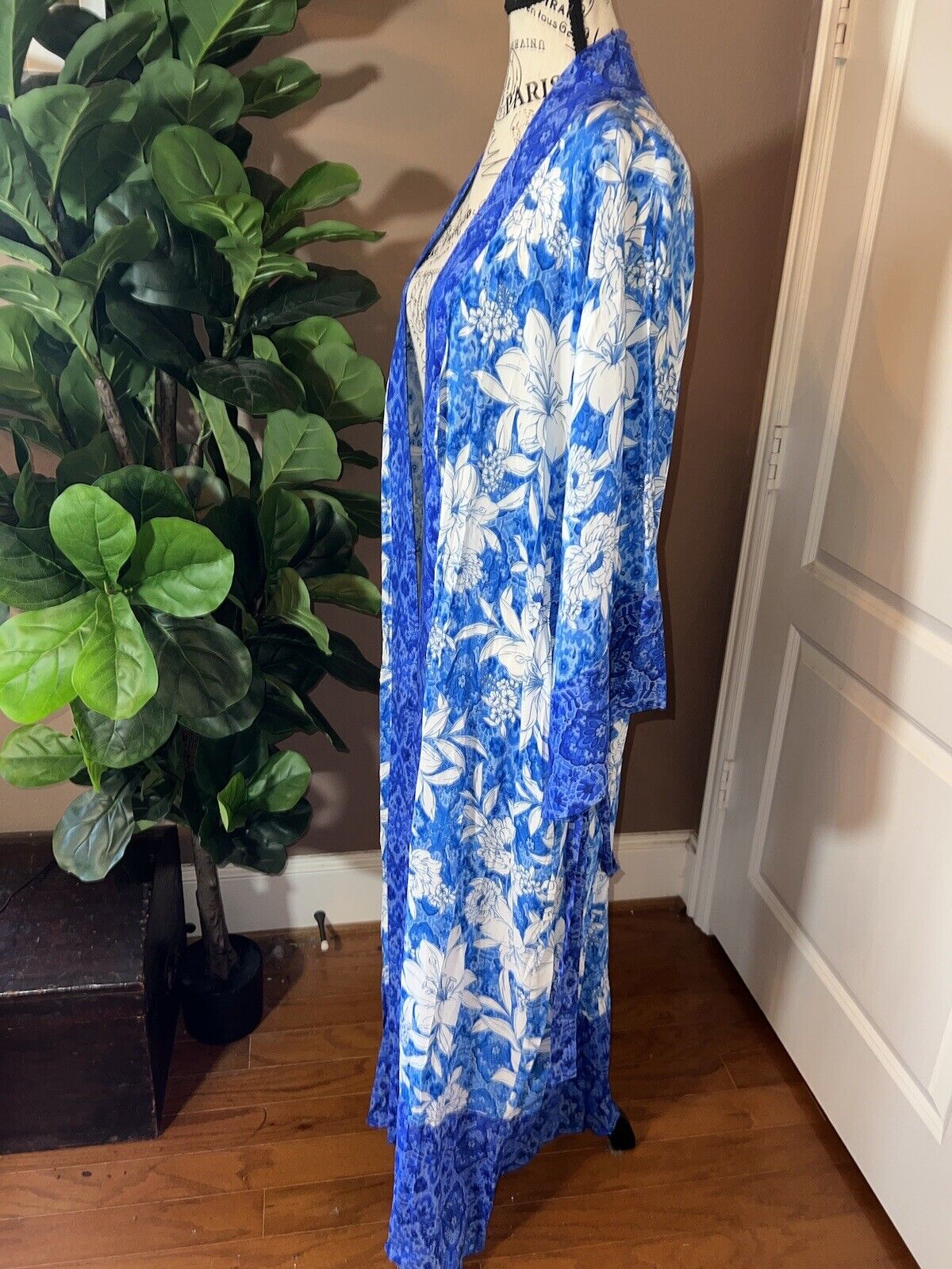 Johnny Was Sz XXL 2X Long Silky Duster Kimono BLUE & White Full Length