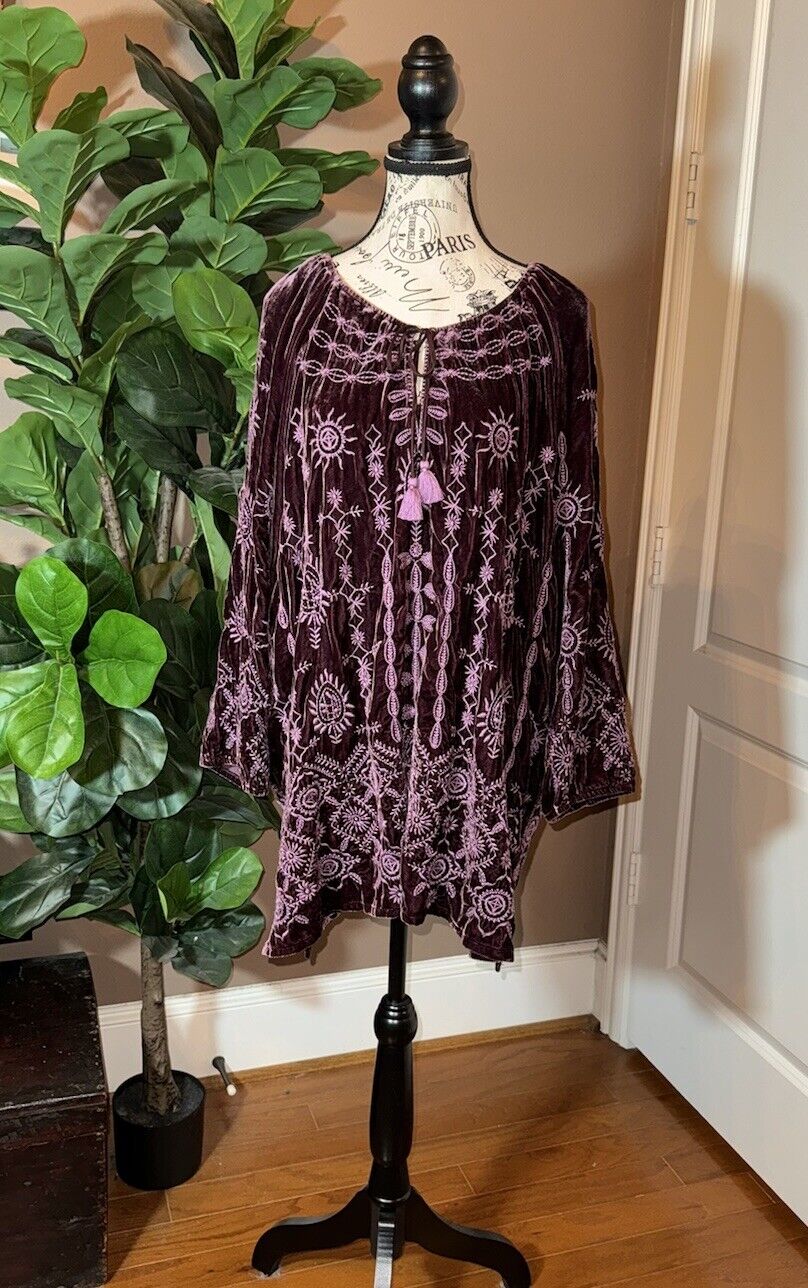 JOHNNY WAS XXL VELVET Eggplant Purple Embroidered Dress Peasant Top Tassels