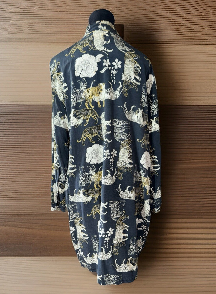 Johnny Was L 100% Silk KIMONO Black Tiger Print Cats Duster Lightweight Jacket Johnny Was
