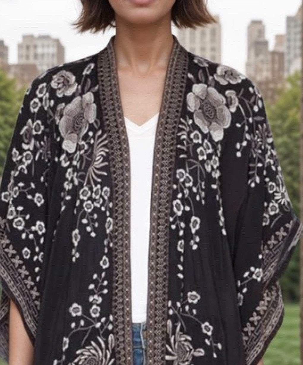 Johnny Was XL Silky Black Kimono Wrap Top Embroidered Black Duster Jacket Floral Johnny Was