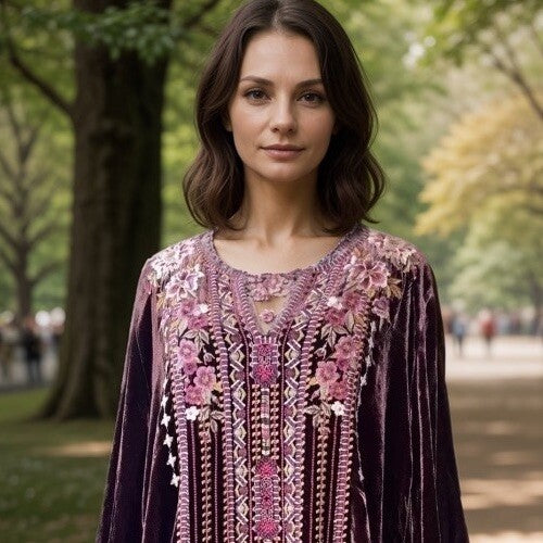 Johnny Was XL Wine Velvet Peasant Blouse Embroidered Tunic Top Kimono Sleeve Johnny Was