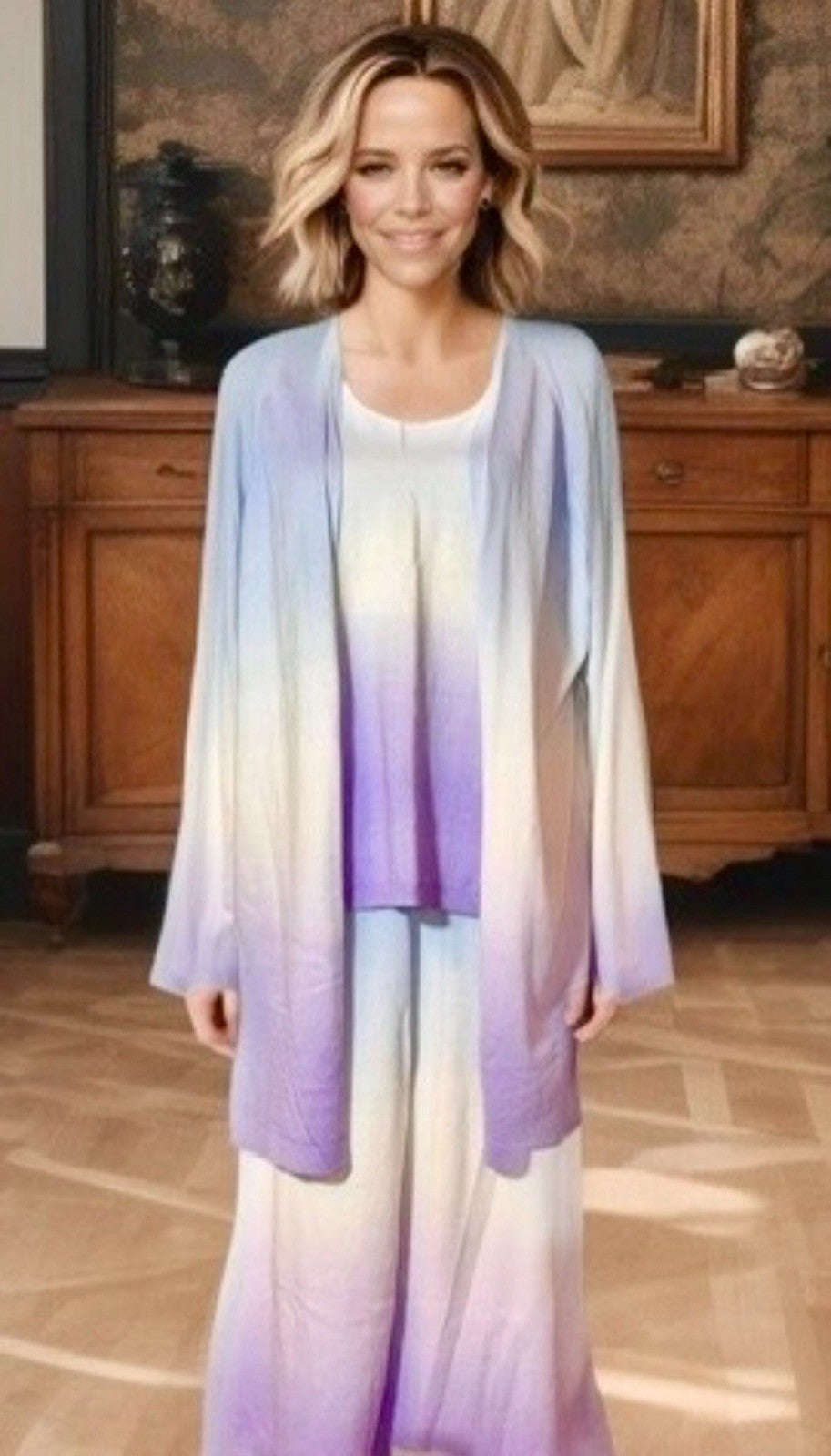 Johnny Was 3pc Set L Large Purple Whit Blue Dip Dye Kimono Tank & Wide Leg Pants Johnny Was