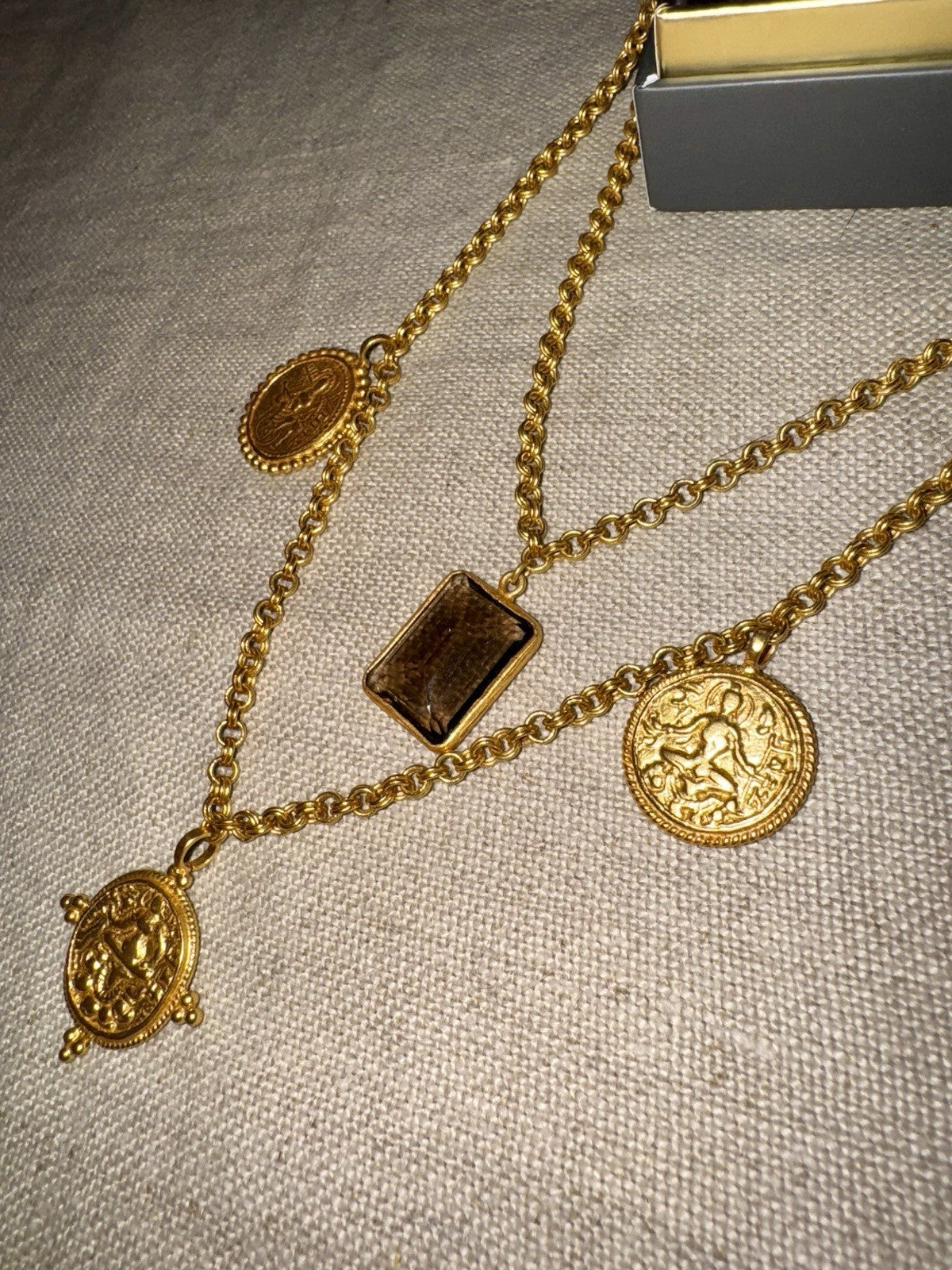 Julie Vos Double Strand Coin Medallion & Smokey Brown 24k Gold Plated Necklace Julie Vos