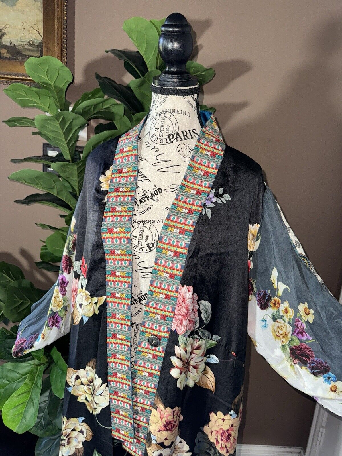 Johnny Was Sz L Silky Kimono Duster REVERSIBLE Embroidered Cardigan Wrap