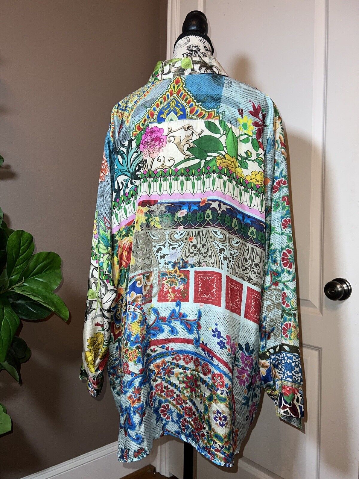 Johnny Was 100% Silk Long Sleeve Tunic Top Button Up Blouse Kimono Sz 1X 1XL XL