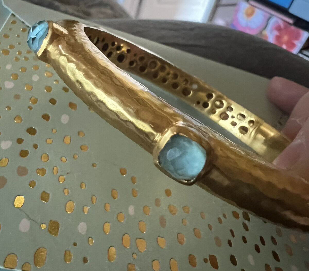 NEW Julie Vos Hinged Bangle Bracelet W/ Light Blue Stones 24k Gold Plate NWOT