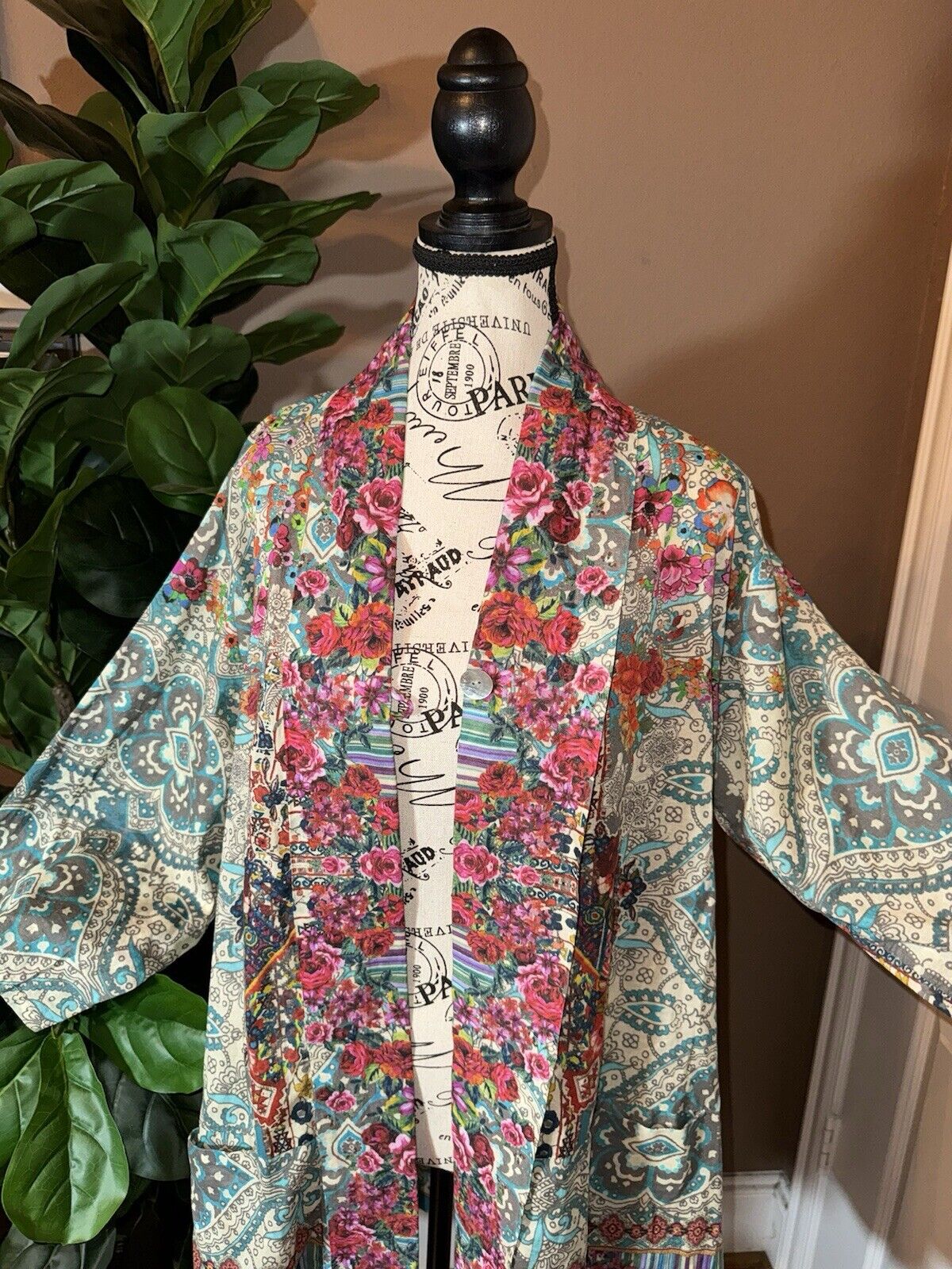 Johnny Was 100% Cotton Kimono M Medium Top Wrap Cardigan Jacket Pockets