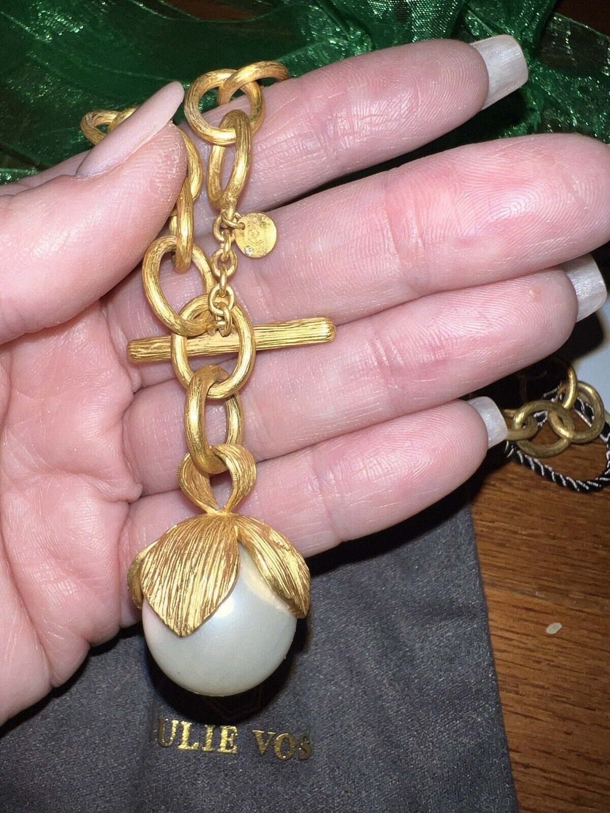 Julie Vos 24k Gold Plate And Large Pearl Toggle Link Necklace ADJUSTABLE WOW