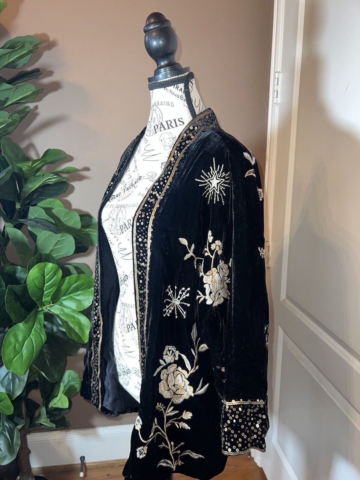 Johnny Was Black & Gold Velvet W/ Sequins & Silk Lining Kimono Jacket 1X