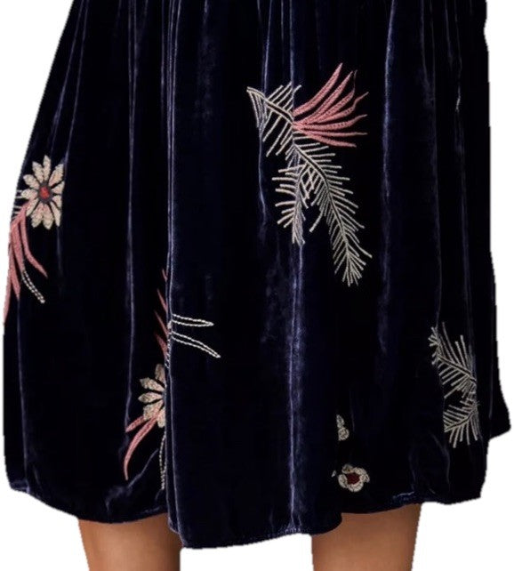 JOHNNY WAS XL Dark Midnight Blue Velvet Midi Dress Tiered Embroidered Maxi Johnny Was