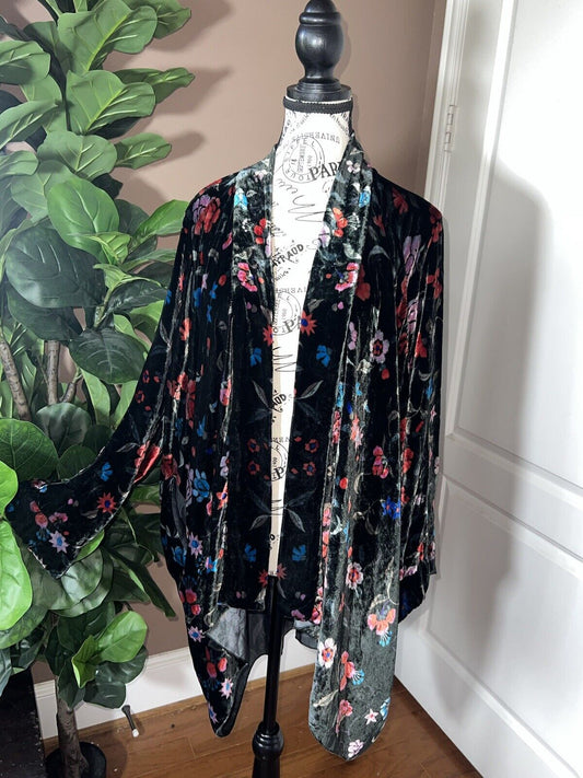 Johnny Was Black & Red Velvet Sz 3X 3XL Kimono Wrap Floral Cardigan Jacket