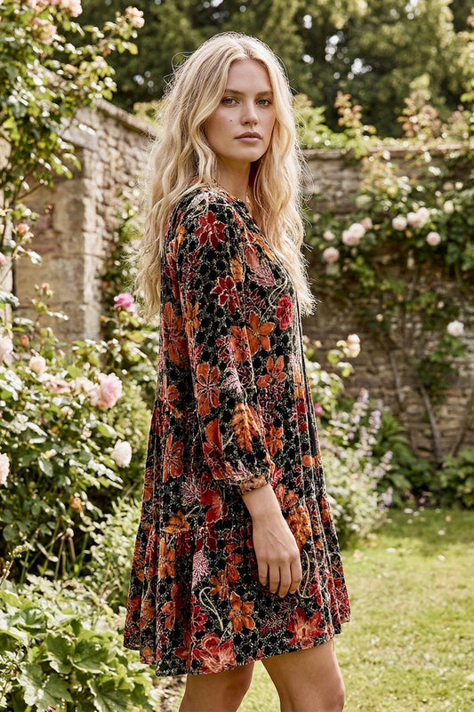 JOHNNY WAS L Velvet Tiered Mini DRESS Babydoll Tunic Top BOHO Beaded Tassels Johnny Was