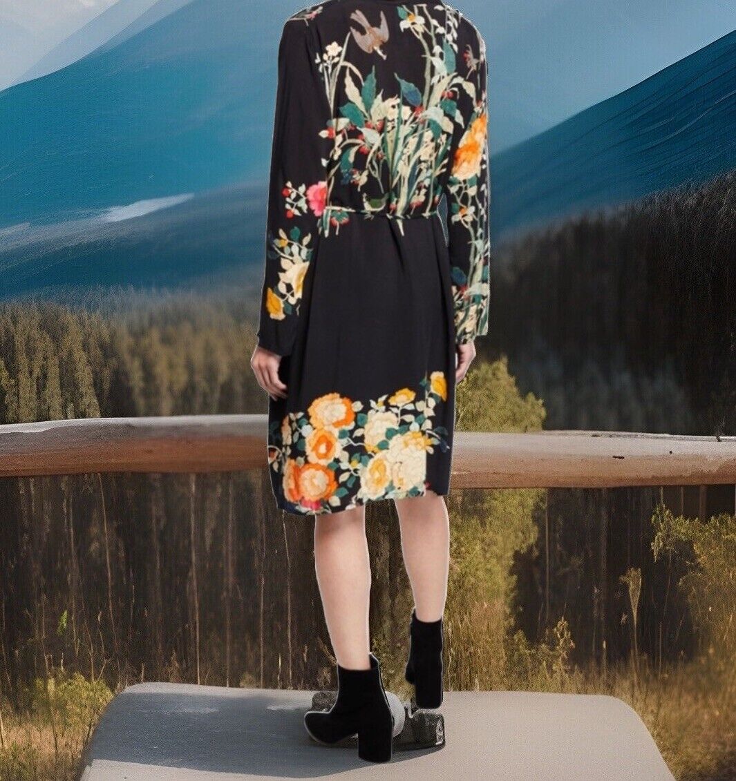 Johnny Was Black XL Midi Dress Kimono Wrap Button Up Flowers & Birds