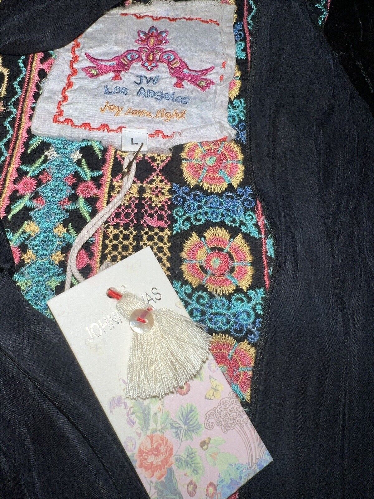 Johnny Was Black Embroidered Velvet & Silk Long Kimono Wrap Large Floral