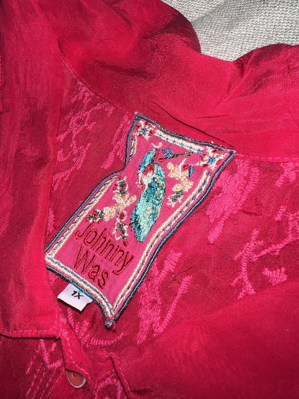 Johnny Was Beautiful Embroidered Tunic Barbie Pink Button Up Top Sz 1X 1XL XL