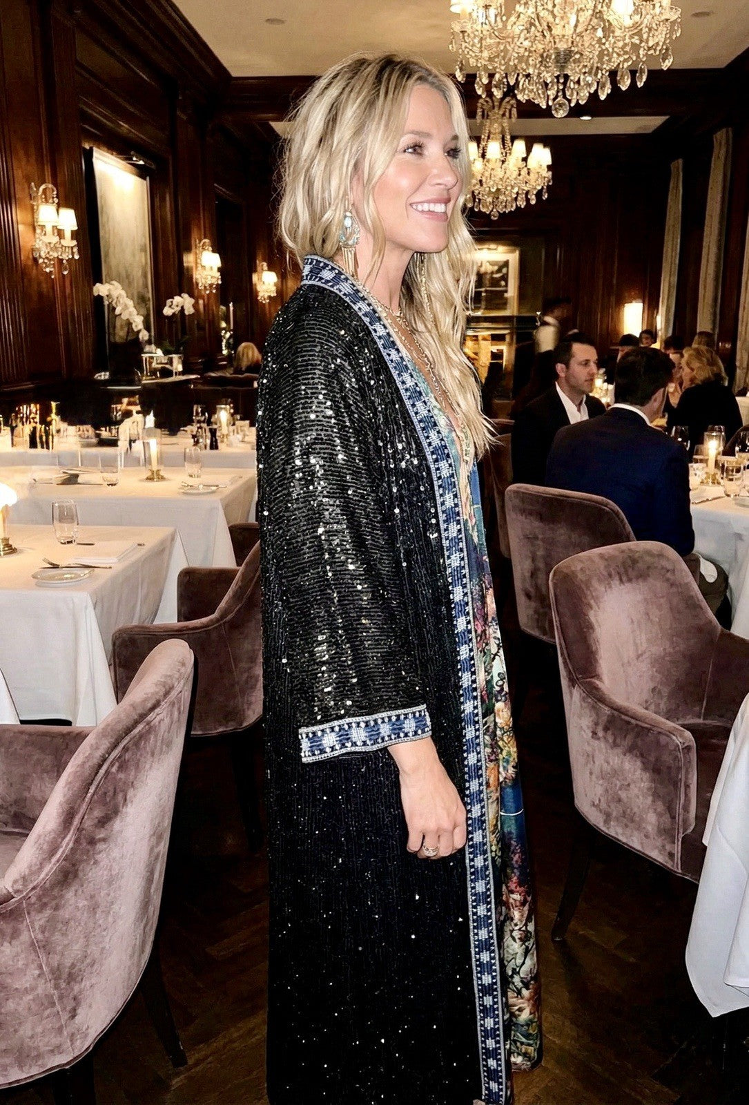 Johnny Was L 100% Silk & Sequins Black KIMONO Long Duster Coat REVERSIBLE Johnny Was