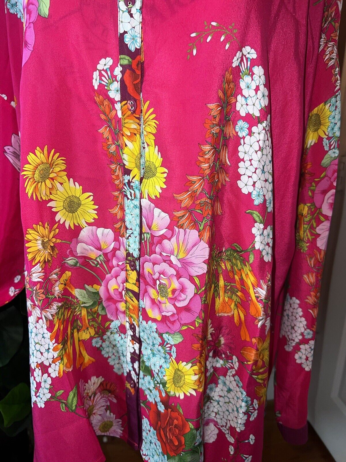 100% Silk Johnny Was Button Up Tunic Top XXL 2X Hot Barbie Pink Floral