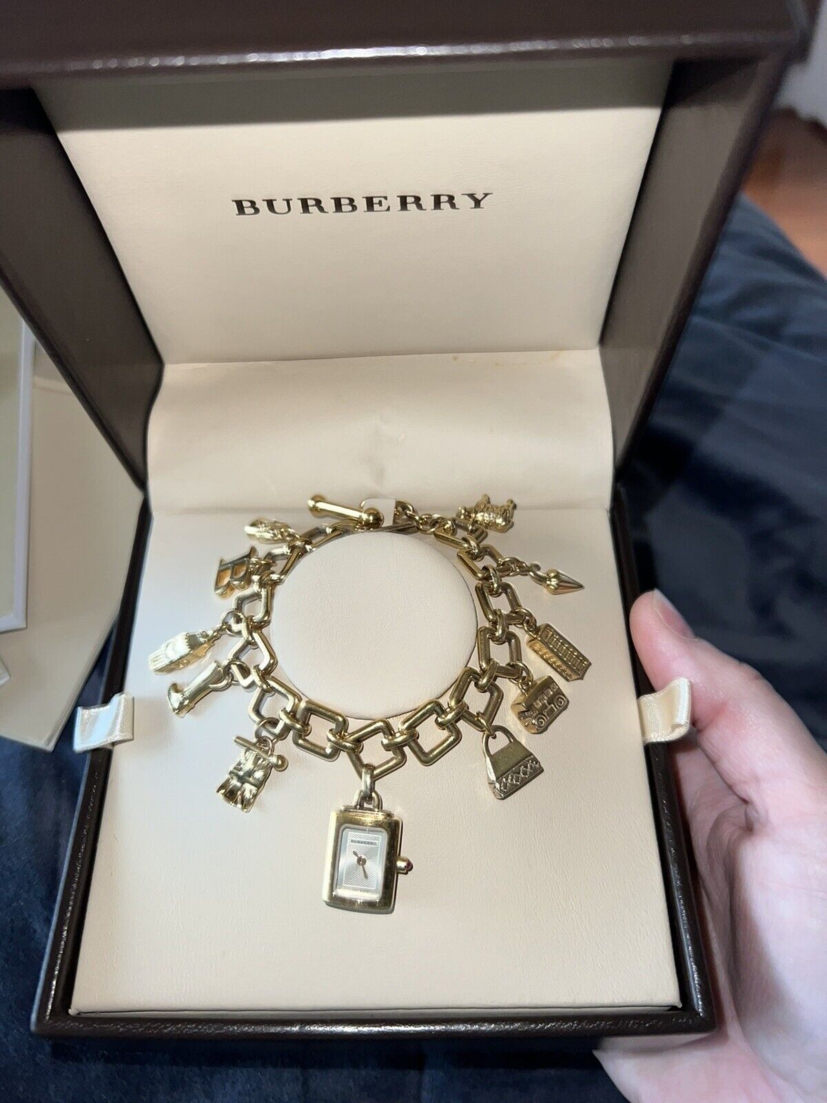 BURBERRY Gold Plated Charm Bracelet Watch RARE Box, Manuals, Tags Needs Battery