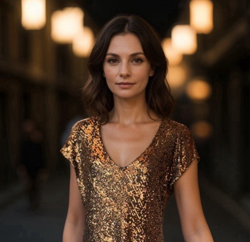 Johnny Was Gold L Large Sequin Maxi Dress Long Flowy Mesh Slip Sequins Party Johnny Was