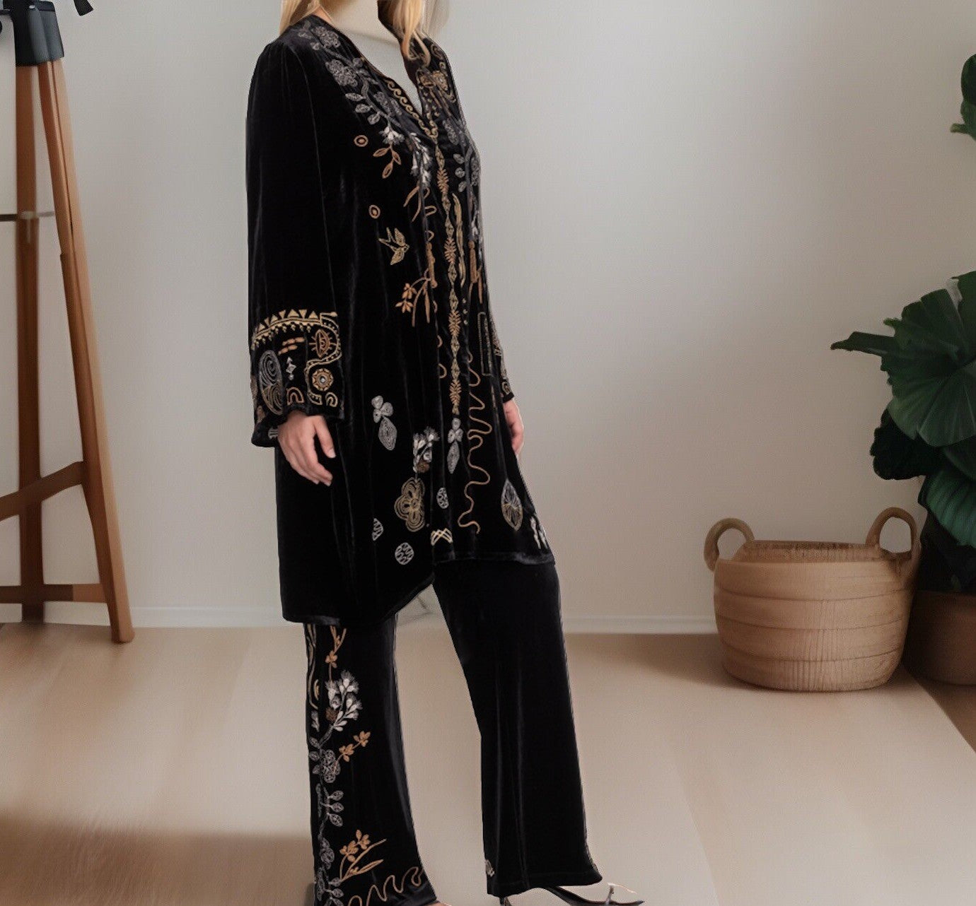 Johnny Was 3X 3XL Plus Black & Gold Velvet Kimono Shift Mini Dress Tunic Top Johnny Was