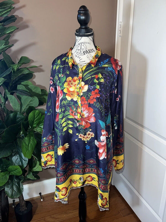 Johnny Was 100% Silk Tunic Top Scalloped Hem Jewel Tone XL 1X 1XL Floral