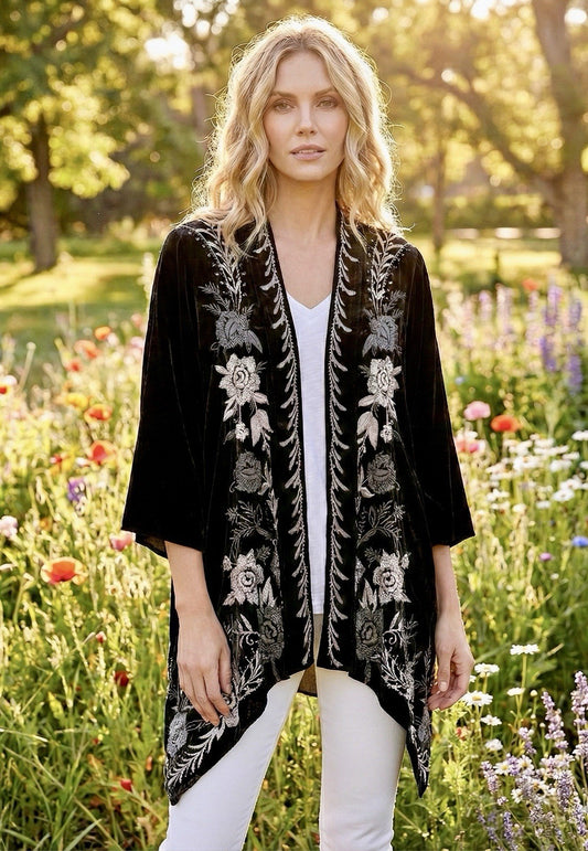 Johnny Was Black Velvet XL Kimono Wrap Duster Jacket Coat Cardigan Aztec Johnny Was