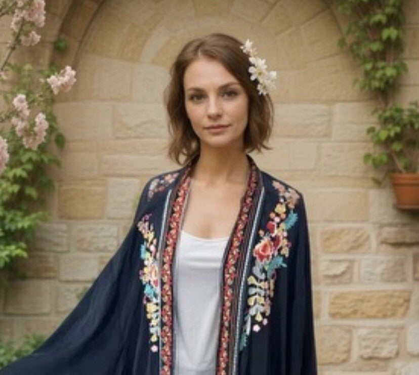 Johnny Was XXL Silky Black Long Kimono Duster Wrap Pockets Embroidered Bohemian Johnny Was