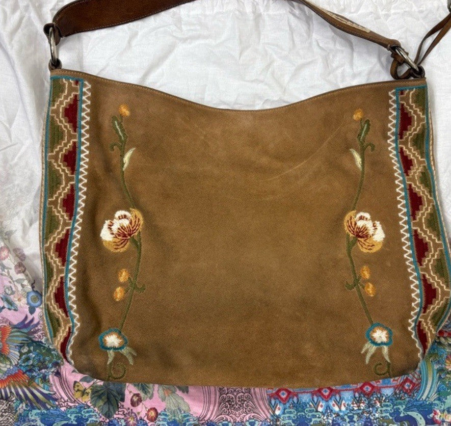 Johnny Was Brown Suede & Leather Bag Purse Tote Hobo Embroidered   *READ* Johnny Was