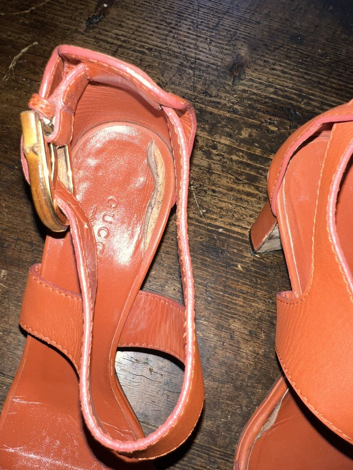 Gucci Vintage Leather and Bamboo Heels Orange Red Shoes sz 37 AUTHENTIC