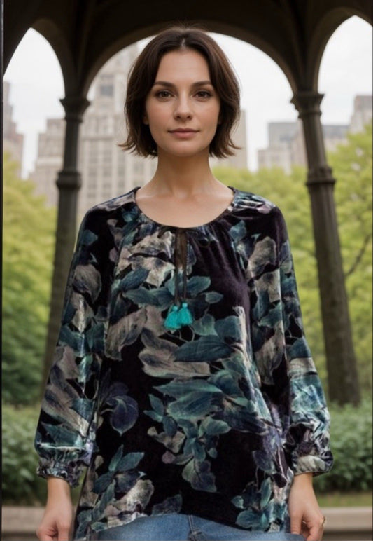 Johnny Was L Large Blue Velvet Peasant Blouse Shirt Tunic Top BOHO Roses Johnny Was