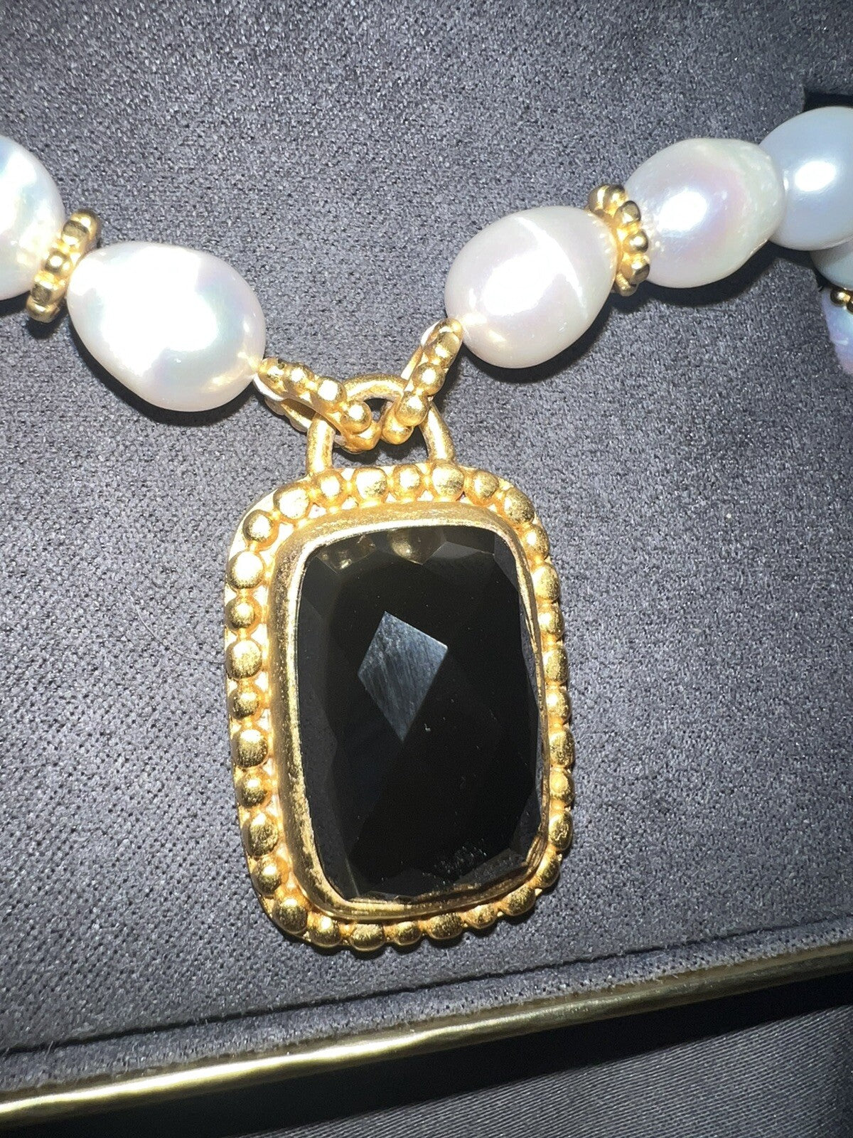 Julie Vos Freshwater Pearl & Obsidian 24k Gold Plate Statement Necklace WOW! Julie Vos
