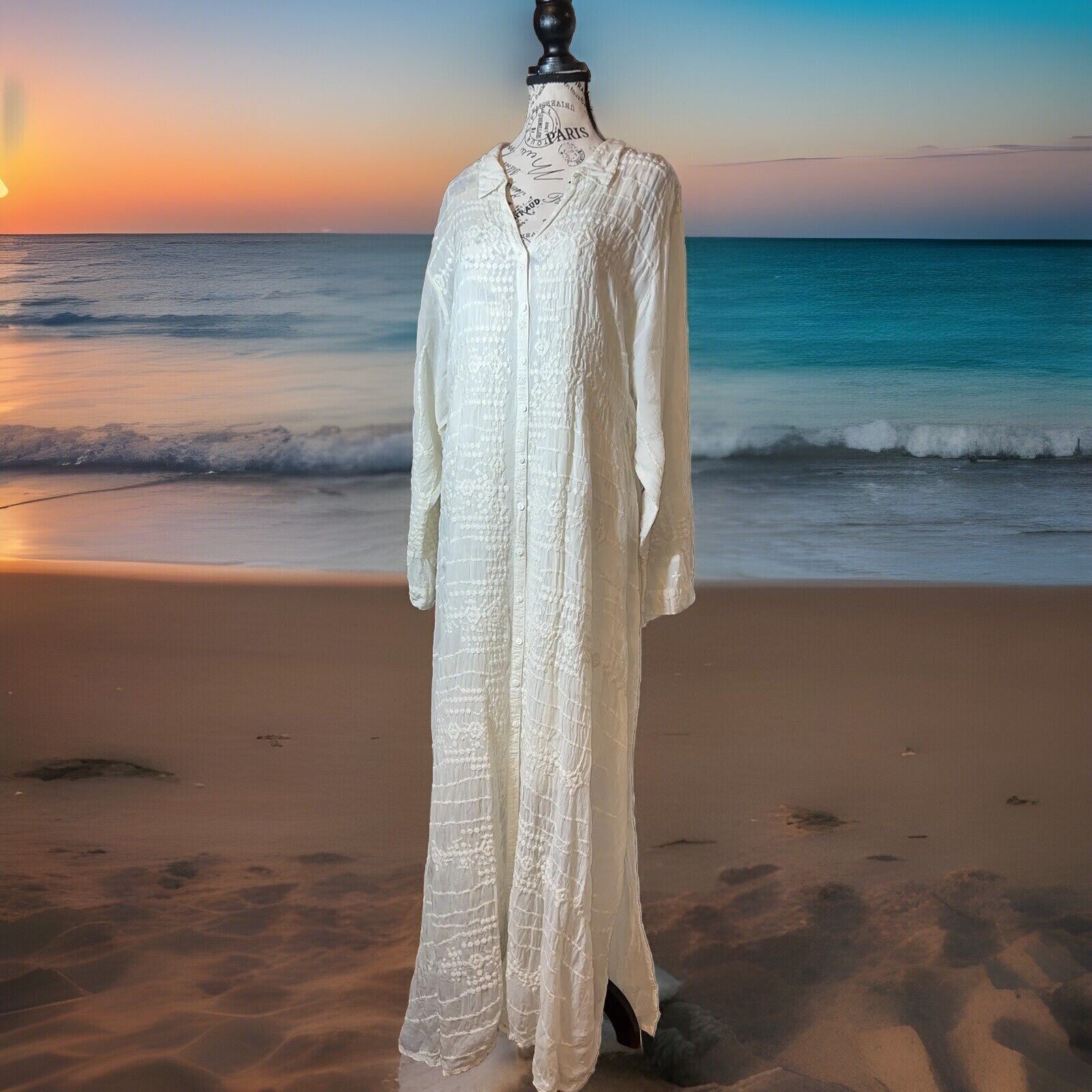 Johnny Was 2X Ivory Maxi Dress Silky Embroidery & Lace Kimono BOHO Beach Wedding Johnny Was