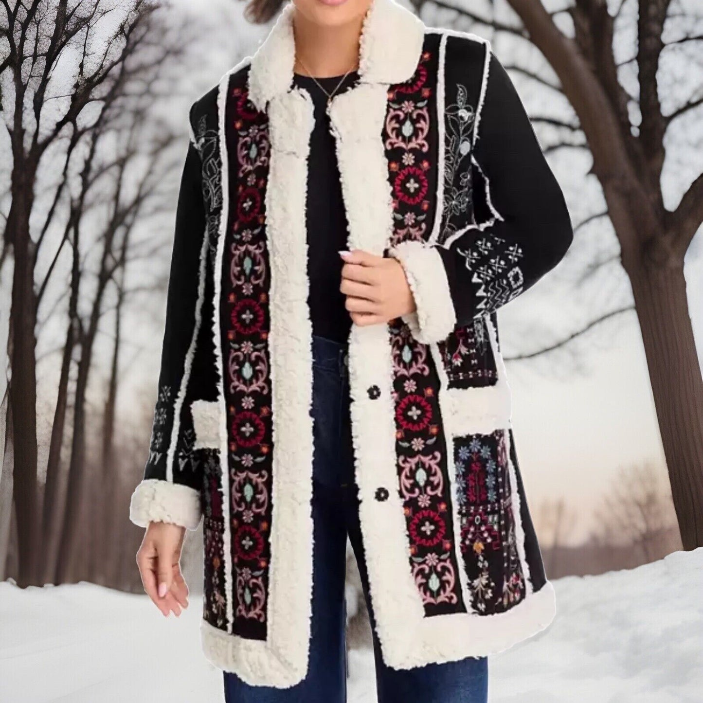 Johnny Was 2X Faux Suede Sherpa Coat Jacket Wrap Shearling Lined BOHO Johnny Was