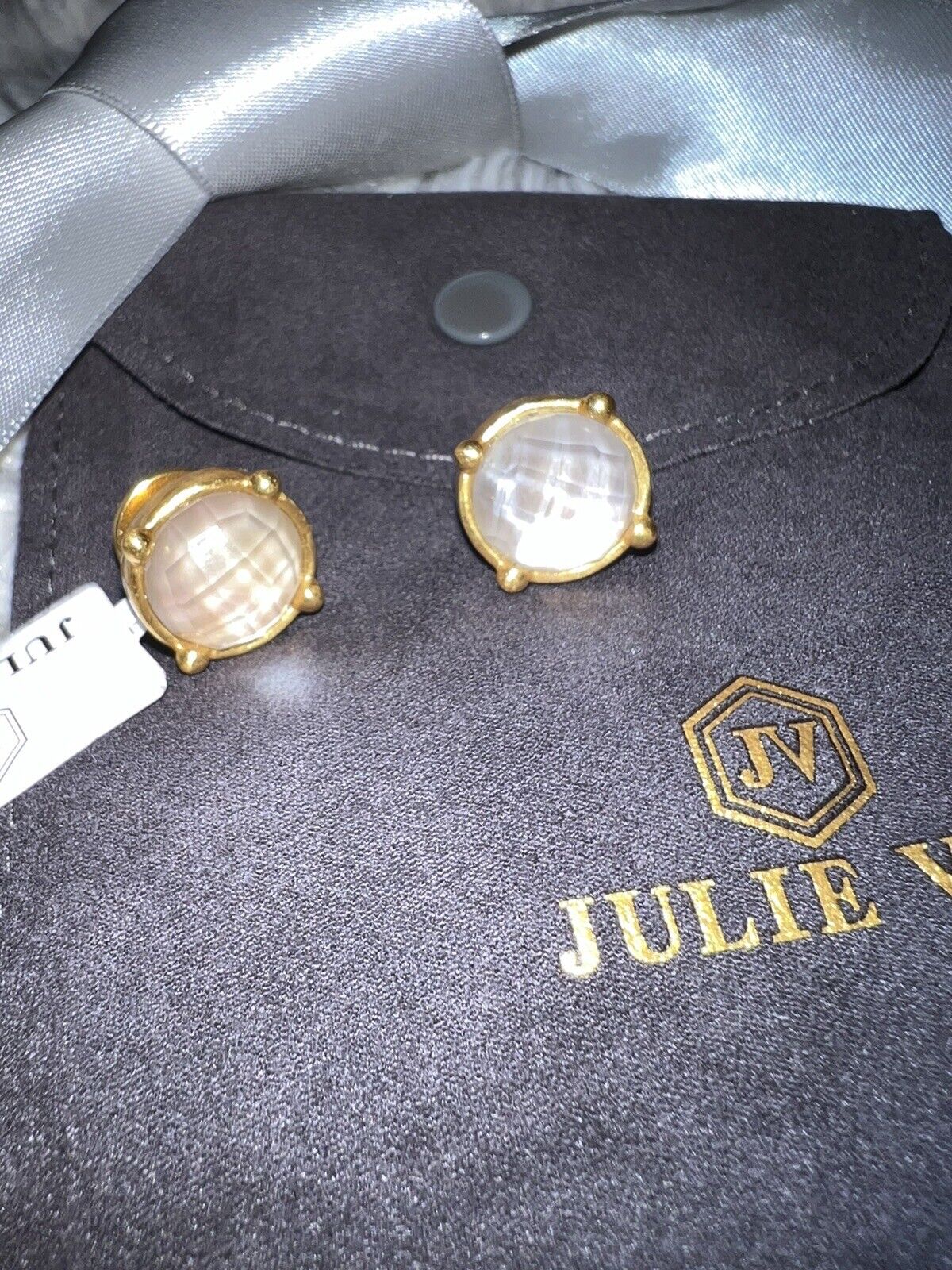 NEW Julie Vos Stud Earrings White/Clear Iridescent Stones & 24k Gold Plate NWT