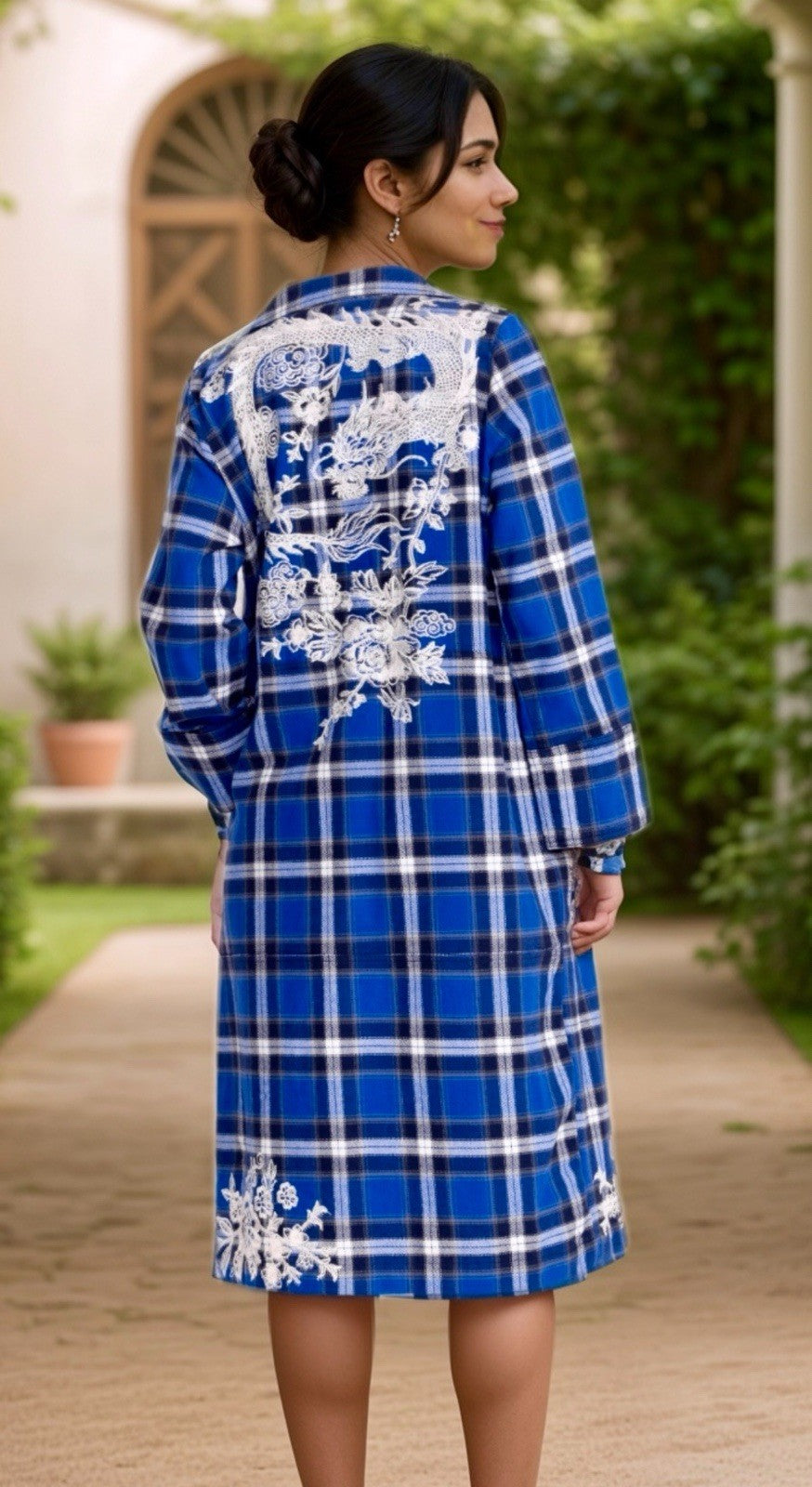 Johnny Was L Large Blue Plaid Trench Coat Jacket MIDI Embroidered Dragon Johnny Was