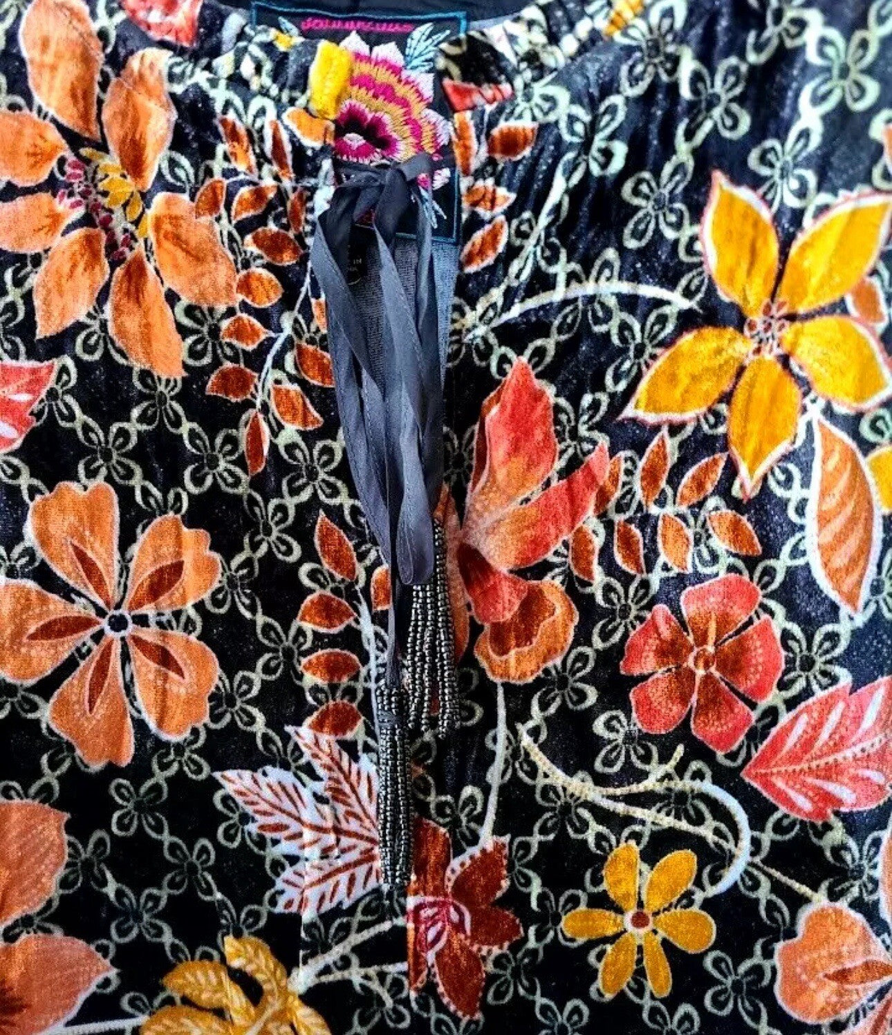 Johnny Was 3X Velvet Mini Dress Tiered Fall Colors Babydoll Beaded Tassels Johnny Was