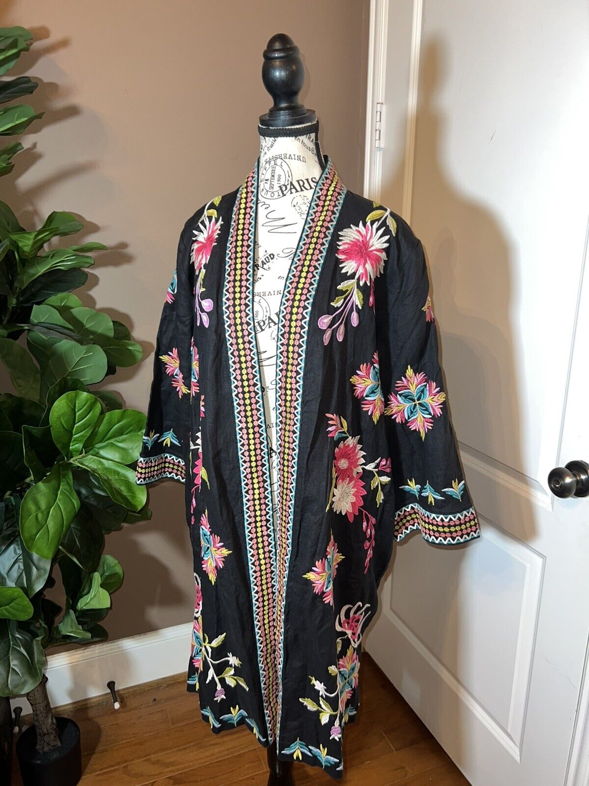 Johnny Was L Large Linen Long Kimono Duster Black Floral Embroidered