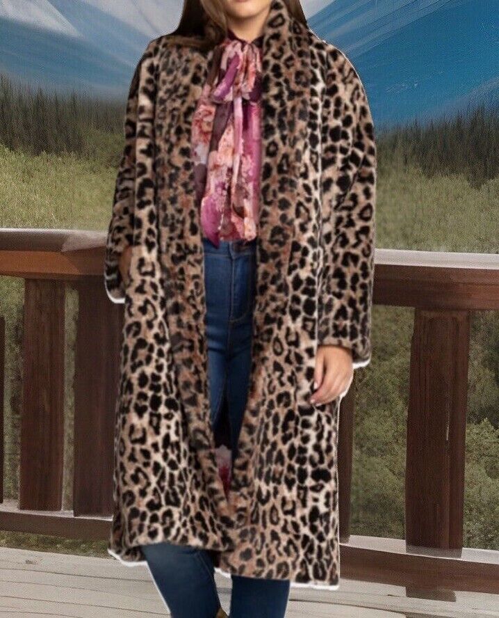 Johnny Was 3X 3XL Faux Fur & Silk Coat Leopard Print Long Length Jacket Wrap