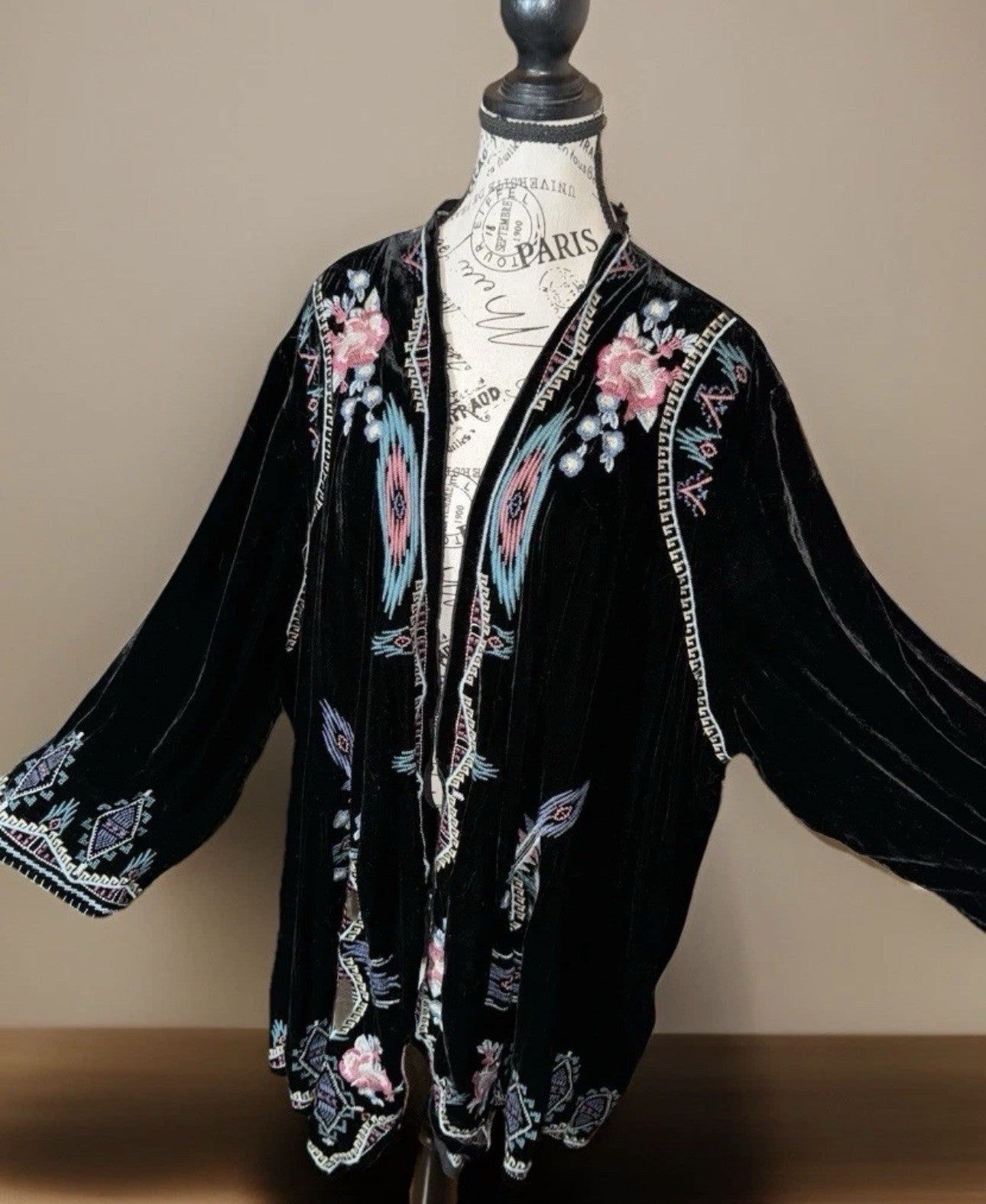Johnny Was Black Velvet XL Kimono Wrap Duster Jacket Coat Cardigan Aztec Johnny Was