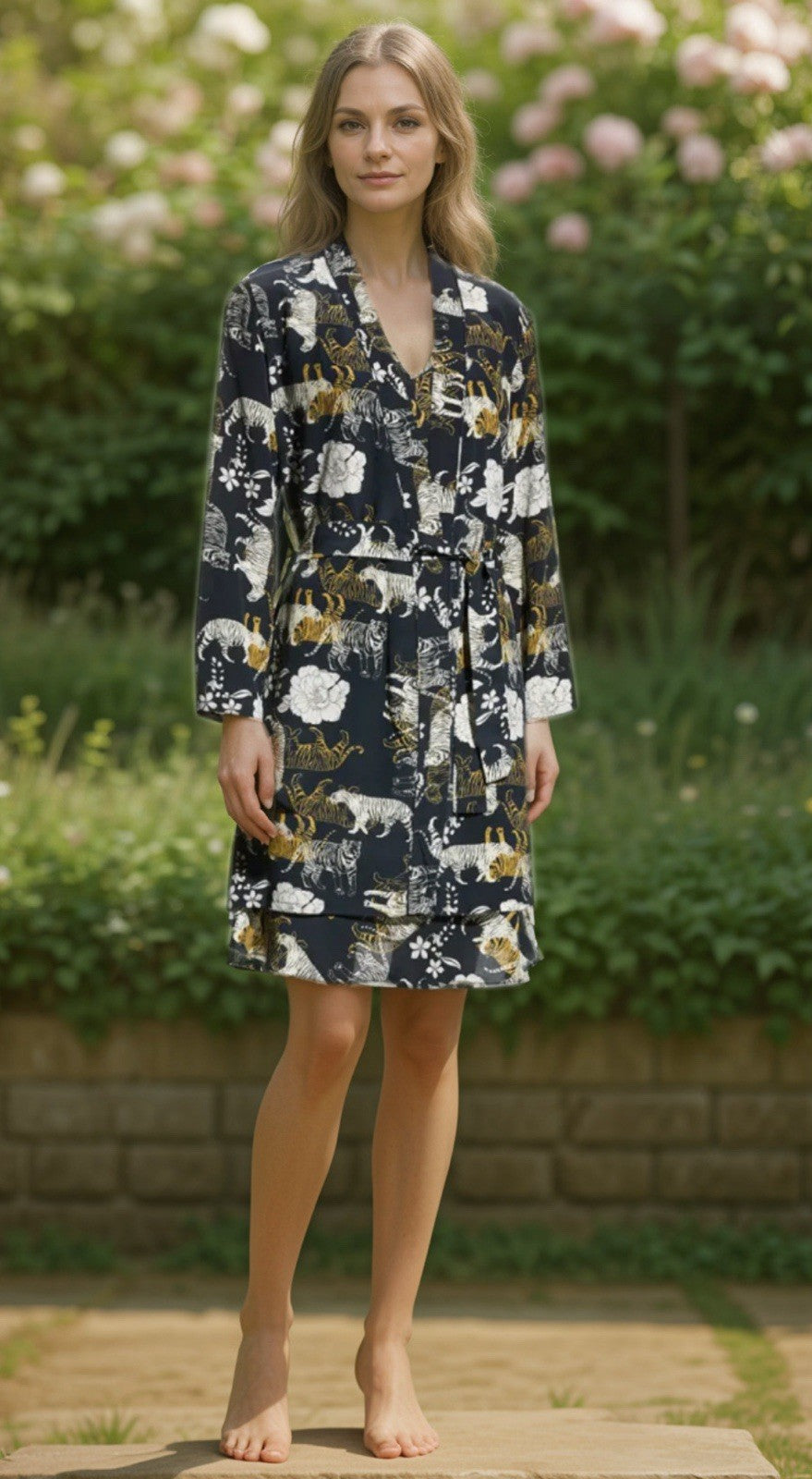 Johnny Was L 100% Silk KIMONO Black Tiger Print Cats Duster Lightweight Jacket Johnny Was