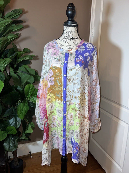 Johnny Was Silky Tunic Top Sz XL 1X Floral Patchwork Button Up  SUMMER