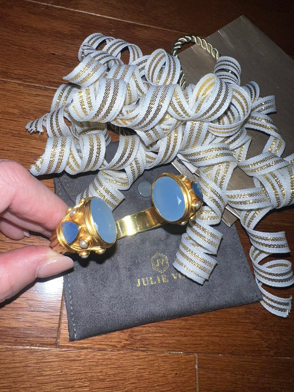 Julie Vos Blue & Pearl 24k Gold Plated Large Hinged Cuff Bangle Bracelet Julie Vos