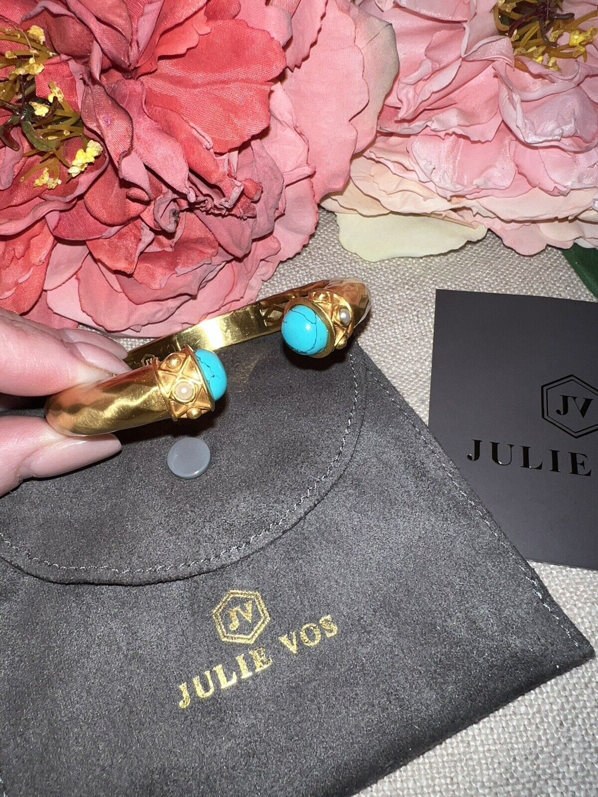 NEW Julie Vos Hinged Bangle Bracelet Blue Turquoise 24k Gold Plated NWOT